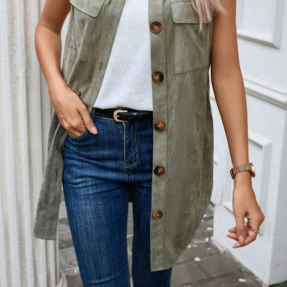 Army Green Casual Womens Flap Pocket Button Front Vest Coat - Picture 5 of 5